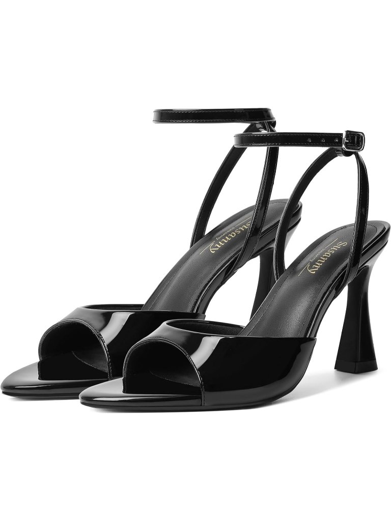 Women's Black Pointed Open Toe Strap Chunky Block Heels Ankle Strap